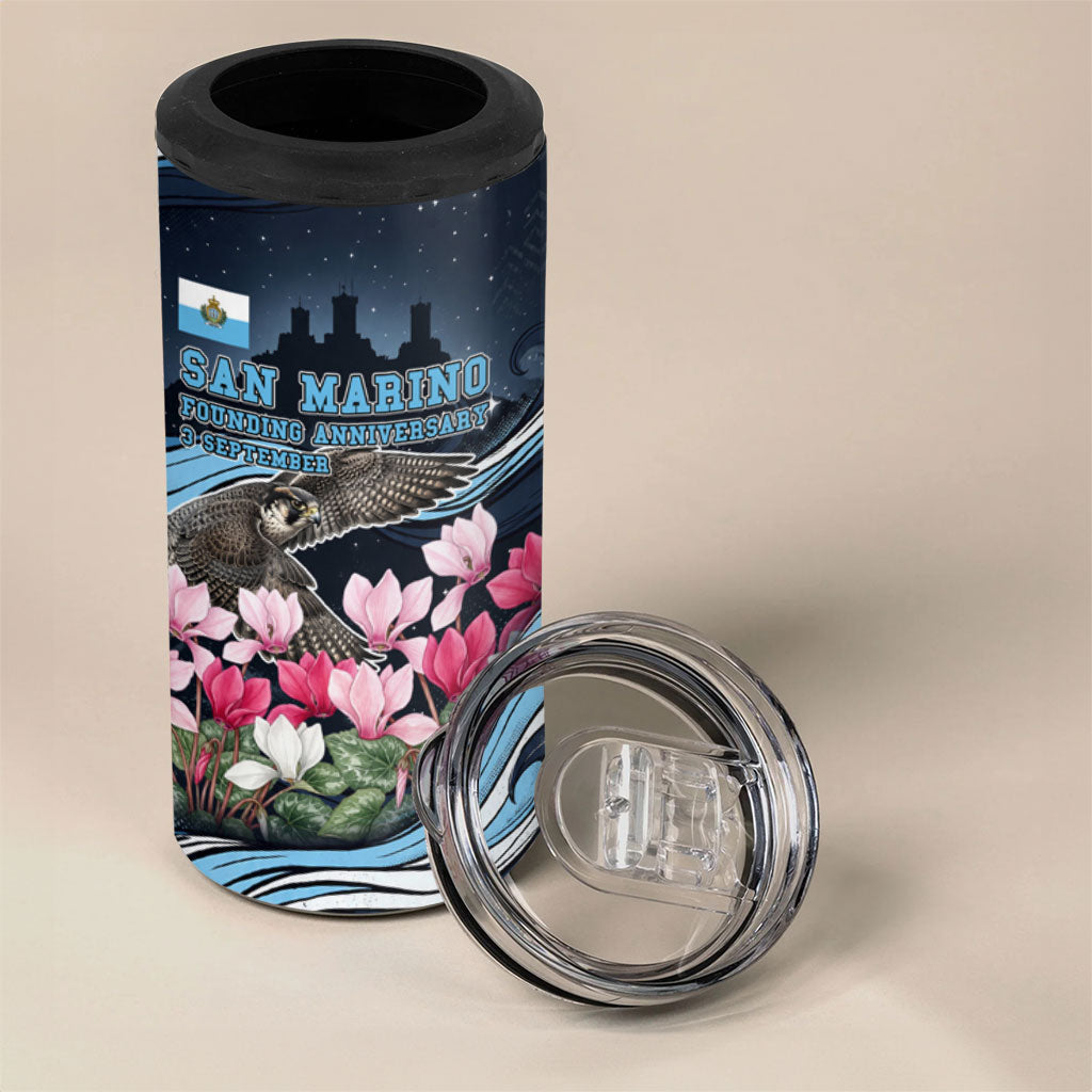 San Marino Founding Anniversary 4 in 1 Can Cooler Tumbler Freedom Peregrine Falcon - Cyclamen Flowers Towers Flag