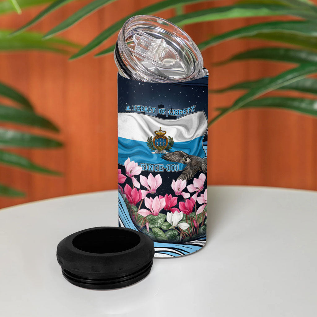 San Marino Founding Anniversary 4 in 1 Can Cooler Tumbler Freedom Peregrine Falcon - Cyclamen Flowers Towers Flag
