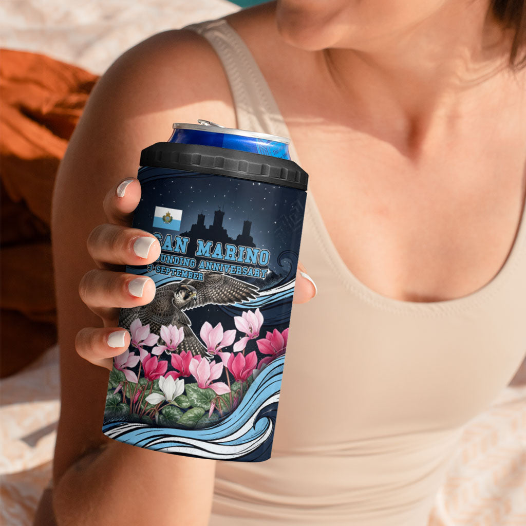 San Marino Founding Anniversary 4 in 1 Can Cooler Tumbler Freedom Peregrine Falcon - Cyclamen Flowers Towers Flag