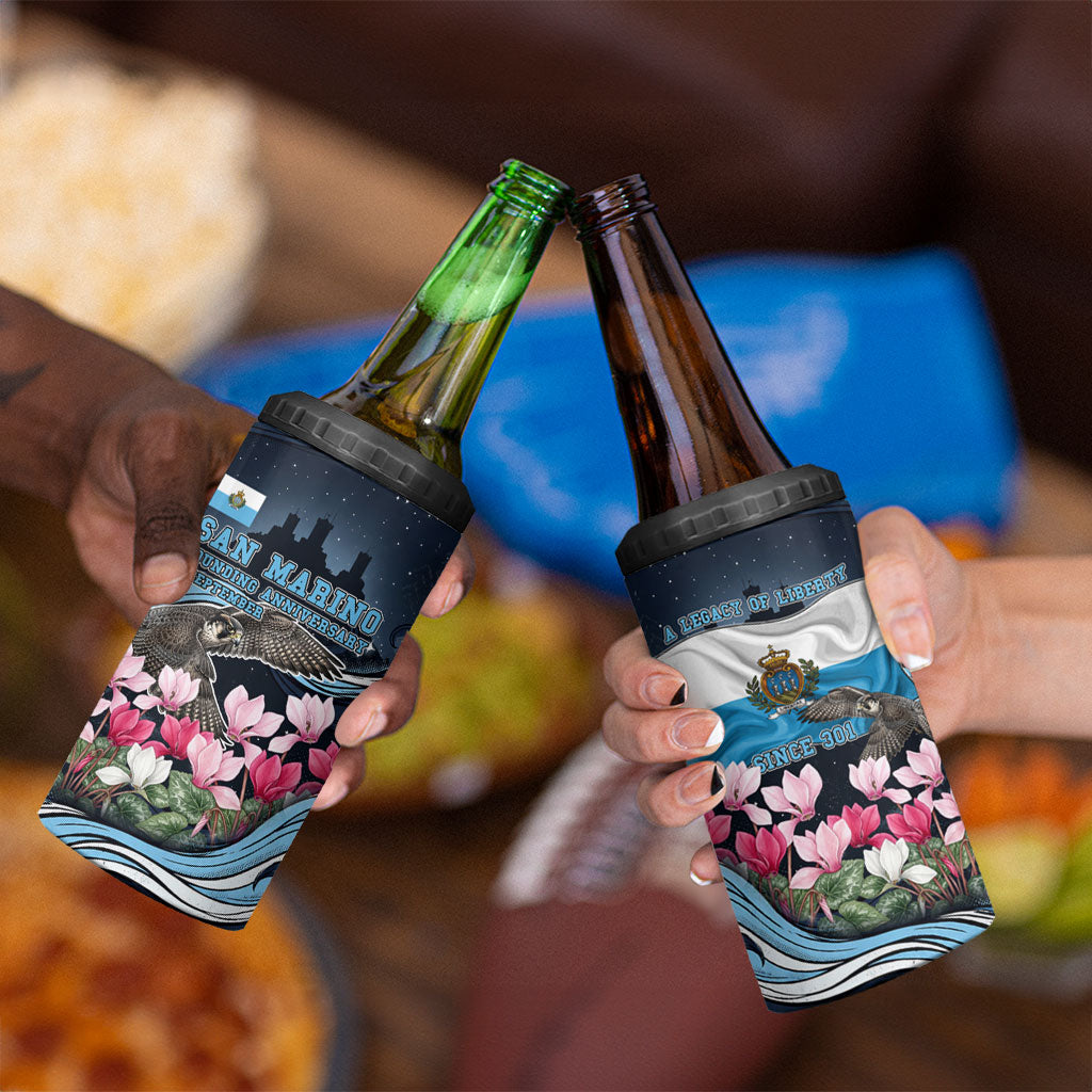 San Marino Founding Anniversary 4 in 1 Can Cooler Tumbler Freedom Peregrine Falcon - Cyclamen Flowers Towers Flag