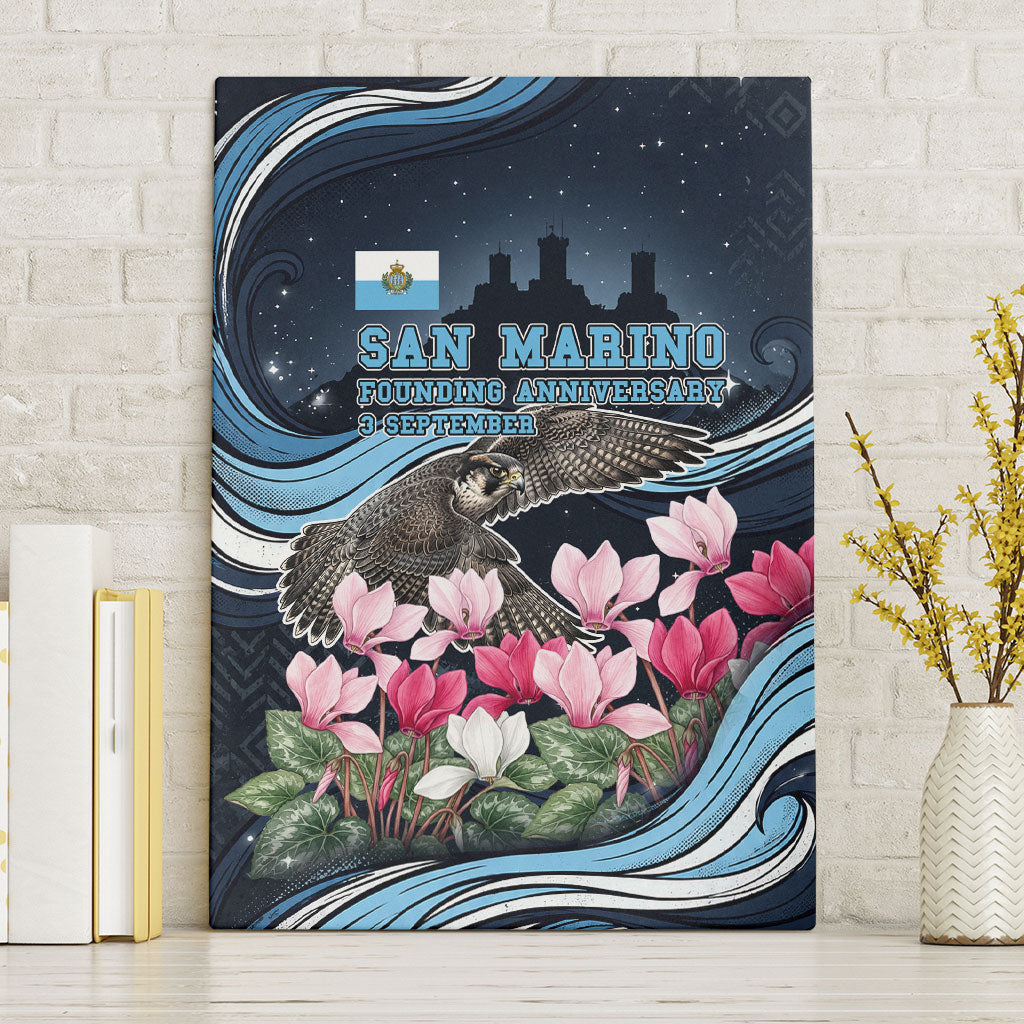 San Marino Founding Anniversary Canvas Wall Art Freedom Peregrine Falcon - Cyclamen Flowers Towers Flag