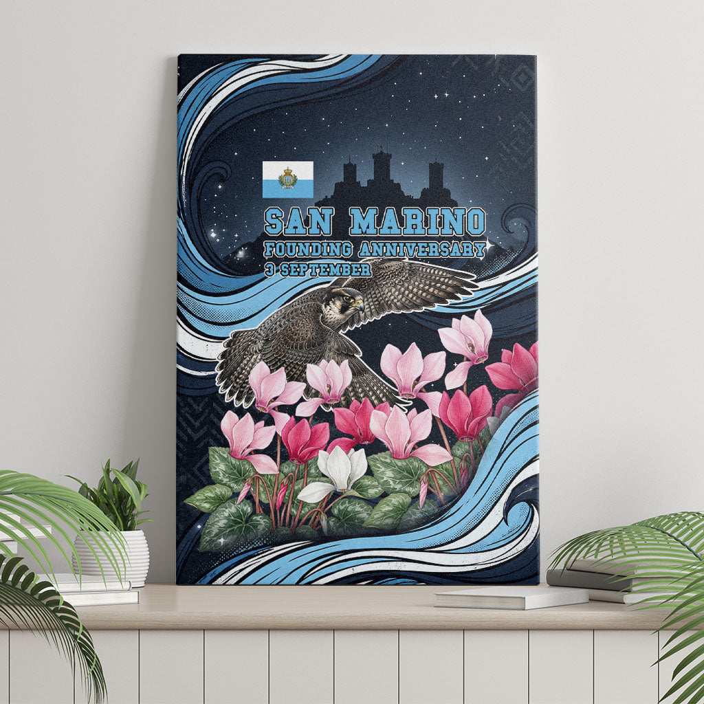 San Marino Founding Anniversary Canvas Wall Art Freedom Peregrine Falcon - Cyclamen Flowers Towers Flag