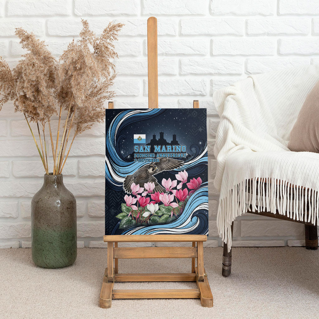 San Marino Founding Anniversary Canvas Wall Art Freedom Peregrine Falcon - Cyclamen Flowers Towers Flag
