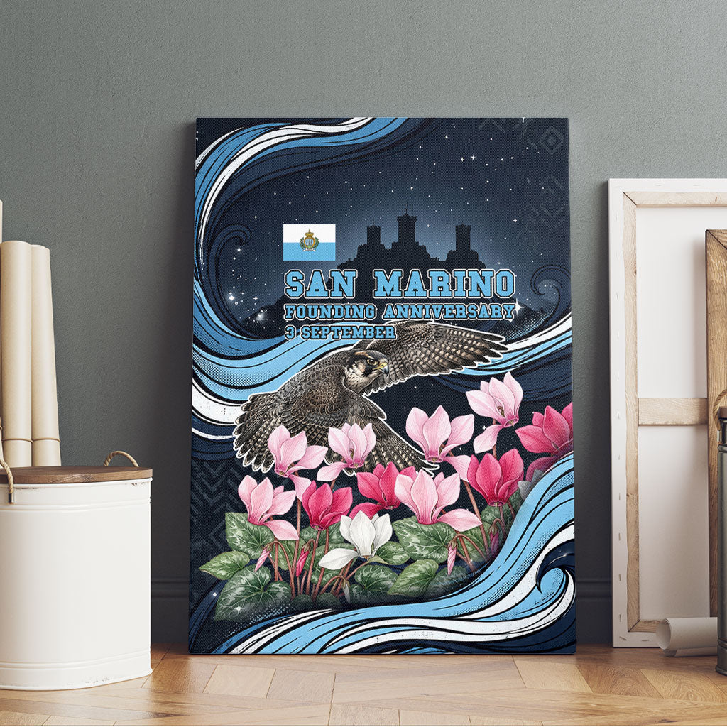 San Marino Founding Anniversary Canvas Wall Art Freedom Peregrine Falcon - Cyclamen Flowers Towers Flag