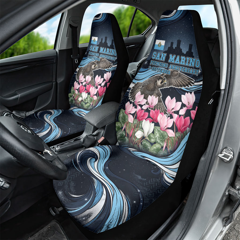 San Marino Founding Anniversary Car Seat Cover Freedom Peregrine Falcon - Cyclamen Flowers Towers Flag