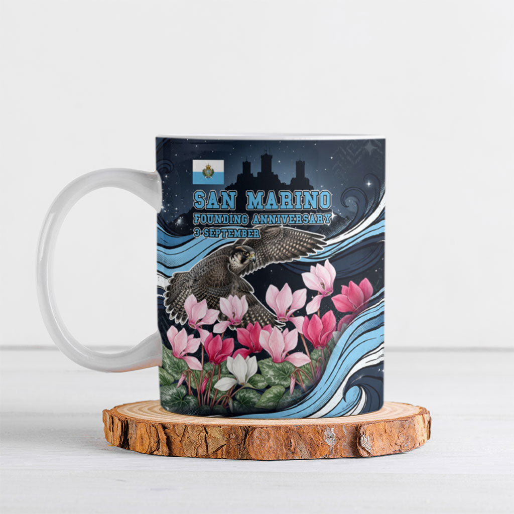 San Marino Founding Anniversary Ceramic Mug Freedom Peregrine Falcon - Cyclamen Flowers Towers Flag