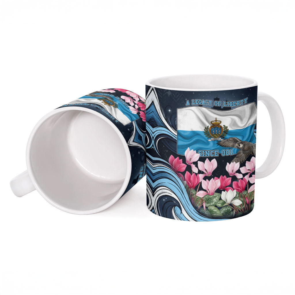 San Marino Founding Anniversary Ceramic Mug Freedom Peregrine Falcon - Cyclamen Flowers Towers Flag