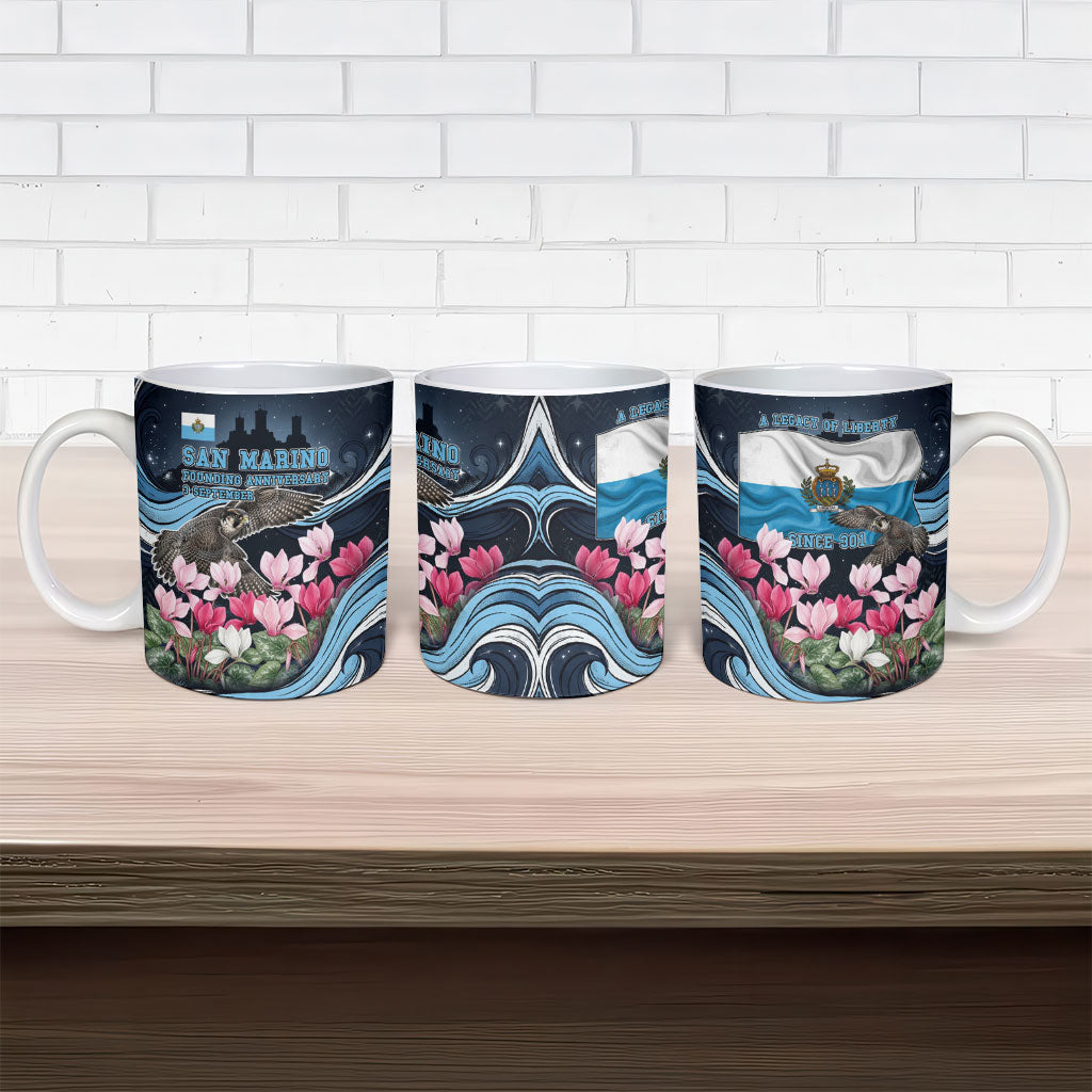 San Marino Founding Anniversary Ceramic Mug Freedom Peregrine Falcon - Cyclamen Flowers Towers Flag
