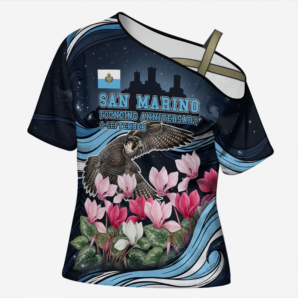 San Marino Founding Anniversary Cross Shoulder Shirt Freedom Peregrine Falcon - Cyclamen Flowers Towers Flag