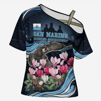 San Marino Founding Anniversary Cross Shoulder Shirt Freedom Peregrine Falcon - Cyclamen Flowers Towers Flag