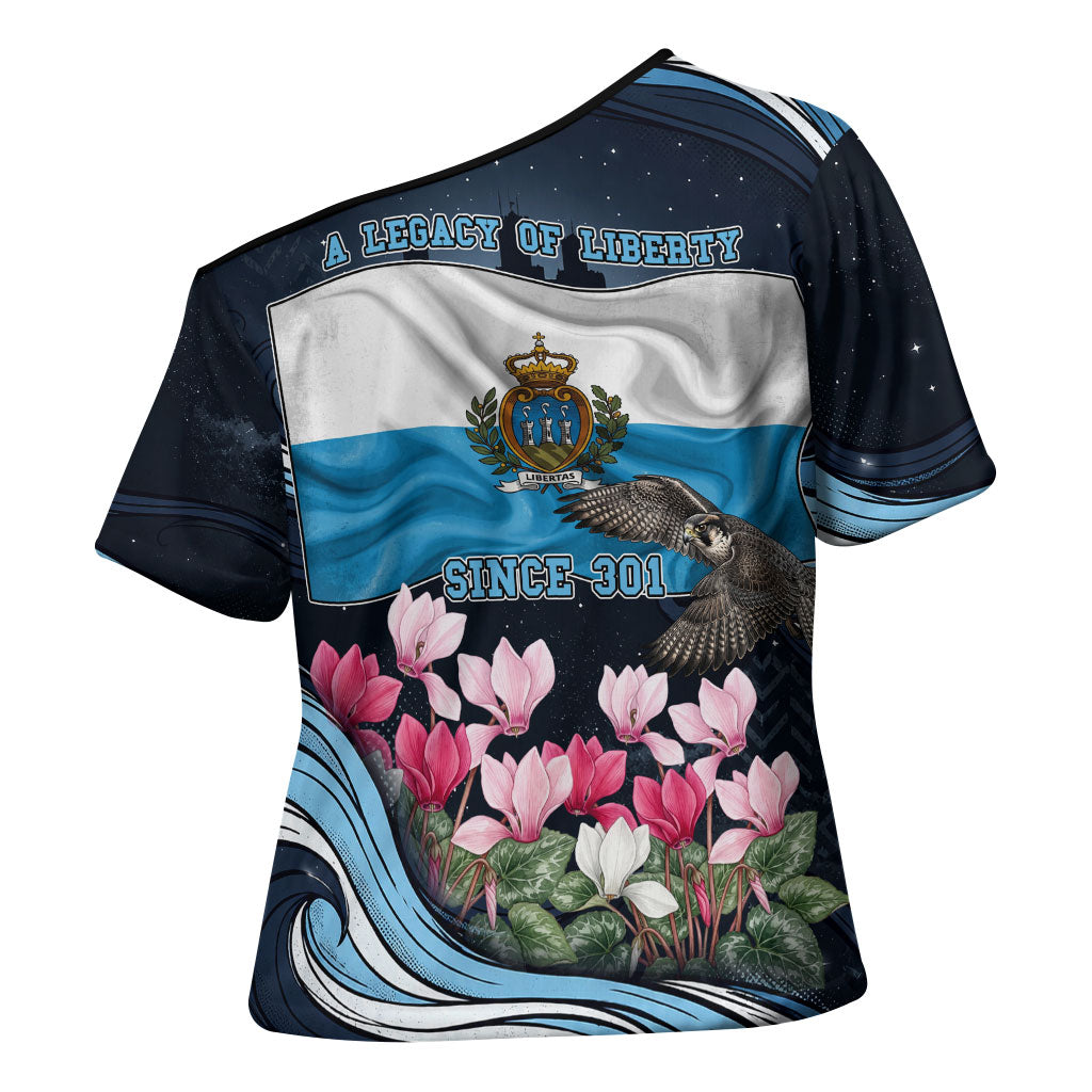 San Marino Founding Anniversary Cross Shoulder Shirt Freedom Peregrine Falcon - Cyclamen Flowers Towers Flag