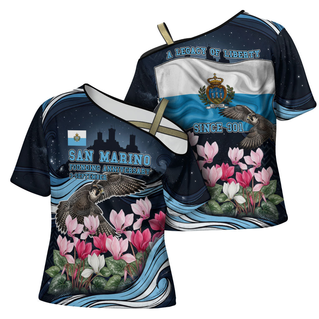 San Marino Founding Anniversary Cross Shoulder Shirt Freedom Peregrine Falcon - Cyclamen Flowers Towers Flag
