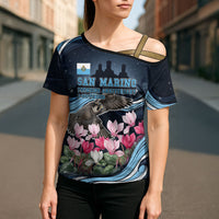 San Marino Founding Anniversary Cross Shoulder Shirt Freedom Peregrine Falcon - Cyclamen Flowers Towers Flag