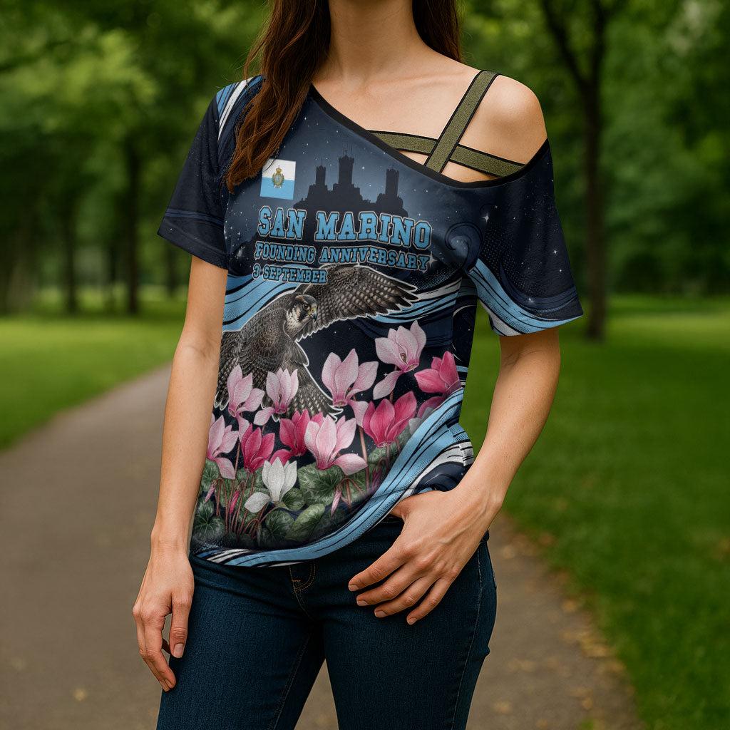 San Marino Founding Anniversary Cross Shoulder Shirt Freedom Peregrine Falcon - Cyclamen Flowers Towers Flag
