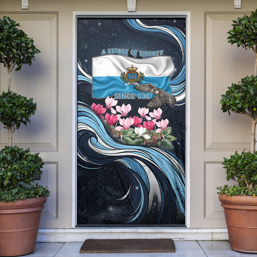 San Marino Founding Anniversary Door Cover Freedom Peregrine Falcon - Cyclamen Flowers Towers Flag