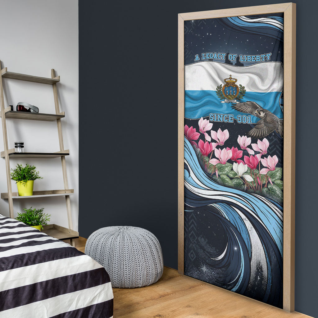 San Marino Founding Anniversary Door Cover Freedom Peregrine Falcon - Cyclamen Flowers Towers Flag