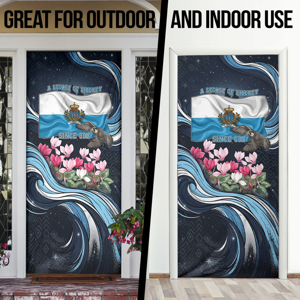 San Marino Founding Anniversary Door Cover Freedom Peregrine Falcon - Cyclamen Flowers Towers Flag