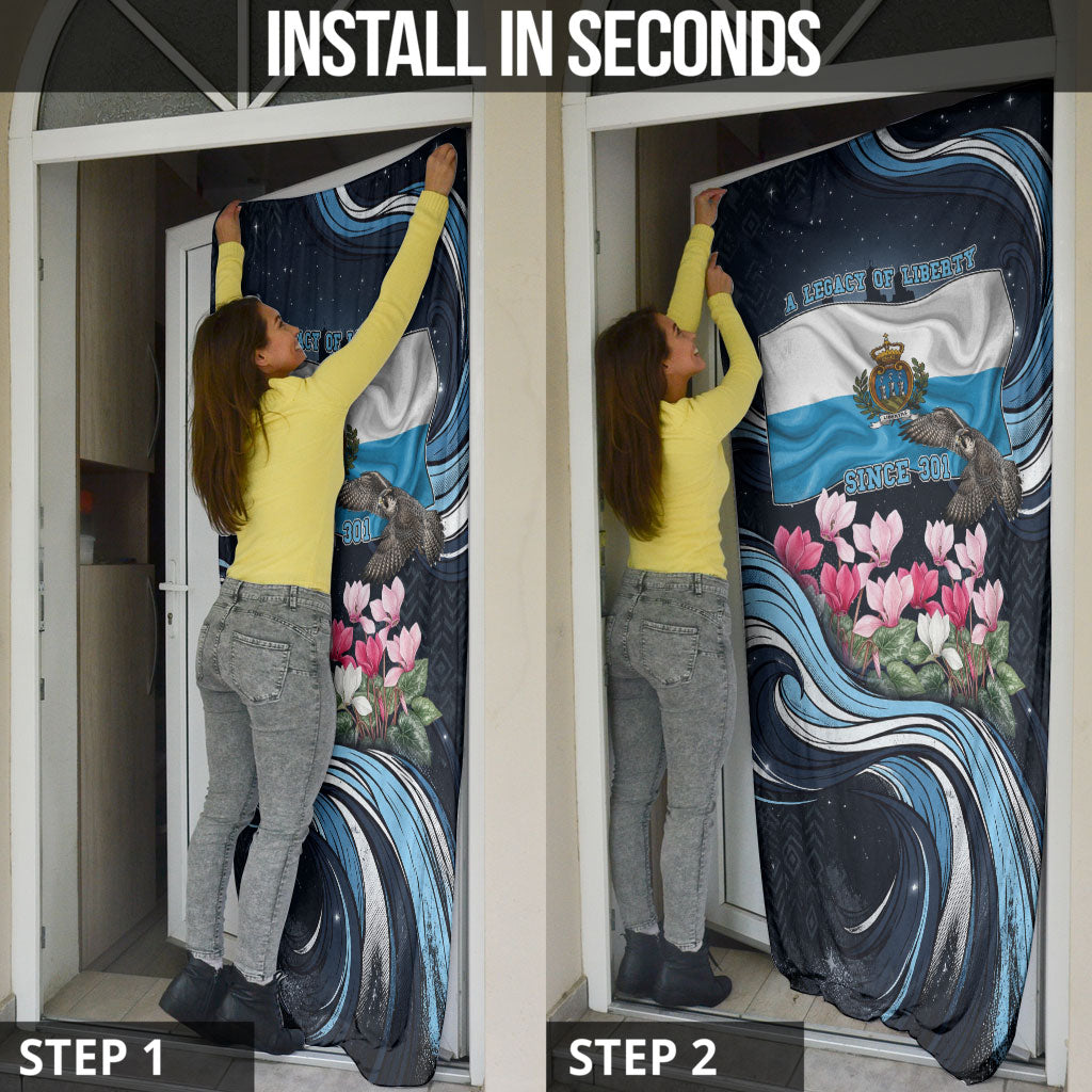 San Marino Founding Anniversary Door Cover Freedom Peregrine Falcon - Cyclamen Flowers Towers Flag