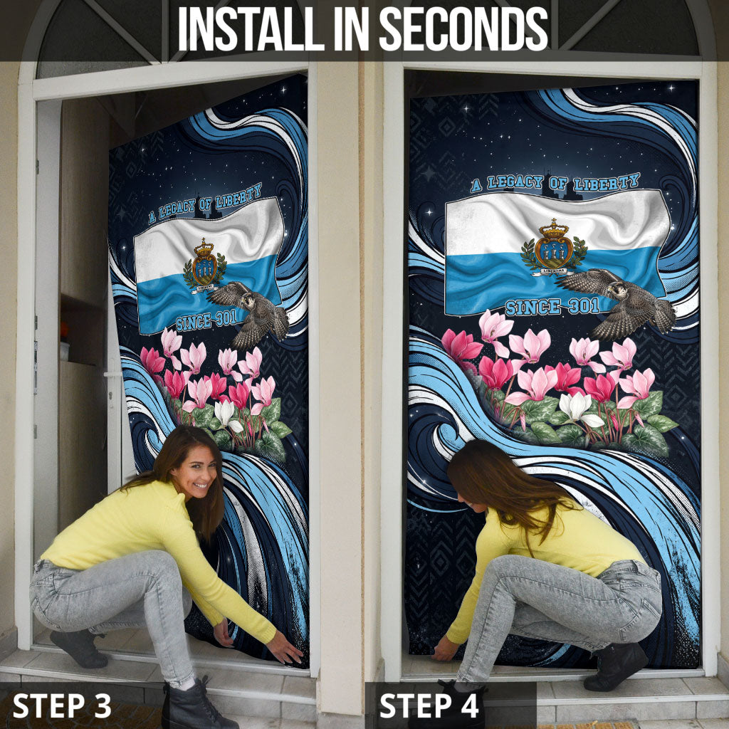 San Marino Founding Anniversary Door Cover Freedom Peregrine Falcon - Cyclamen Flowers Towers Flag