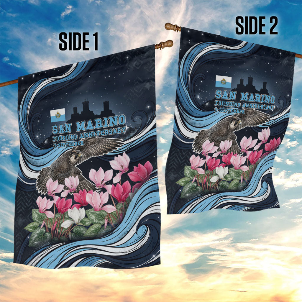 San Marino Founding Anniversary Garden Flag Freedom Peregrine Falcon - Cyclamen Flowers Towers Flag