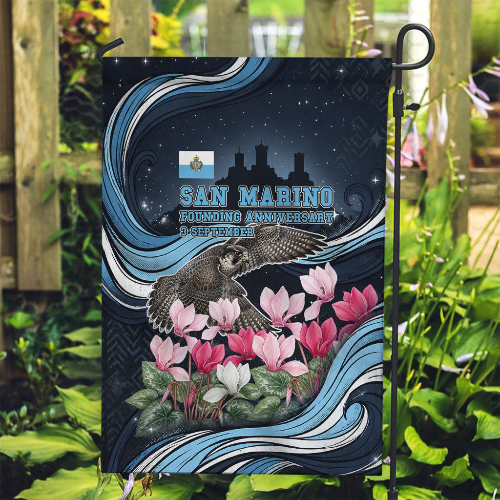 San Marino Founding Anniversary Garden Flag Freedom Peregrine Falcon - Cyclamen Flowers Towers Flag