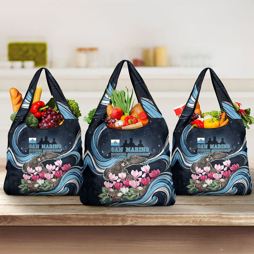 San Marino Founding Anniversary Grocery Bag Freedom Peregrine Falcon - Cyclamen Flowers Towers Flag