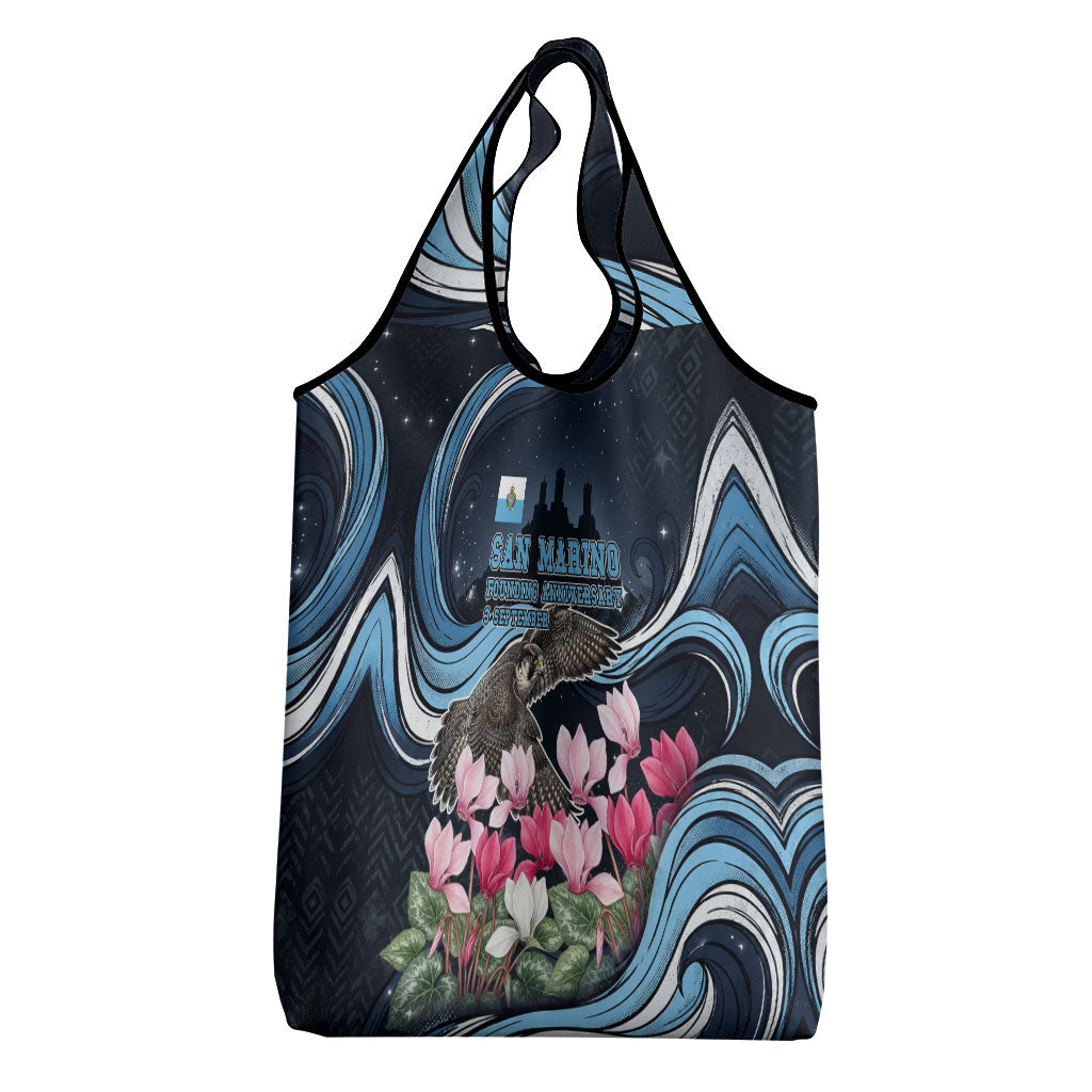 San Marino Founding Anniversary Grocery Bag Freedom Peregrine Falcon - Cyclamen Flowers Towers Flag