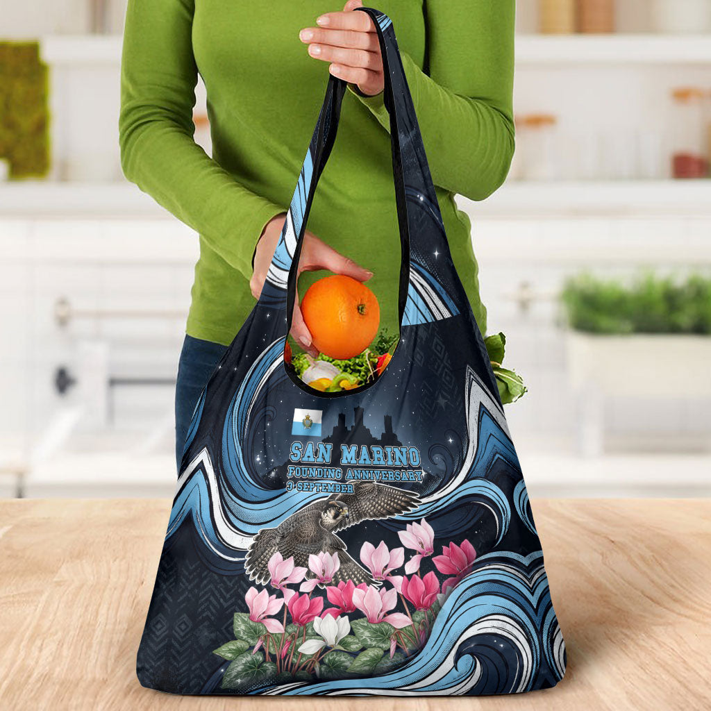 San Marino Founding Anniversary Grocery Bag Freedom Peregrine Falcon - Cyclamen Flowers Towers Flag