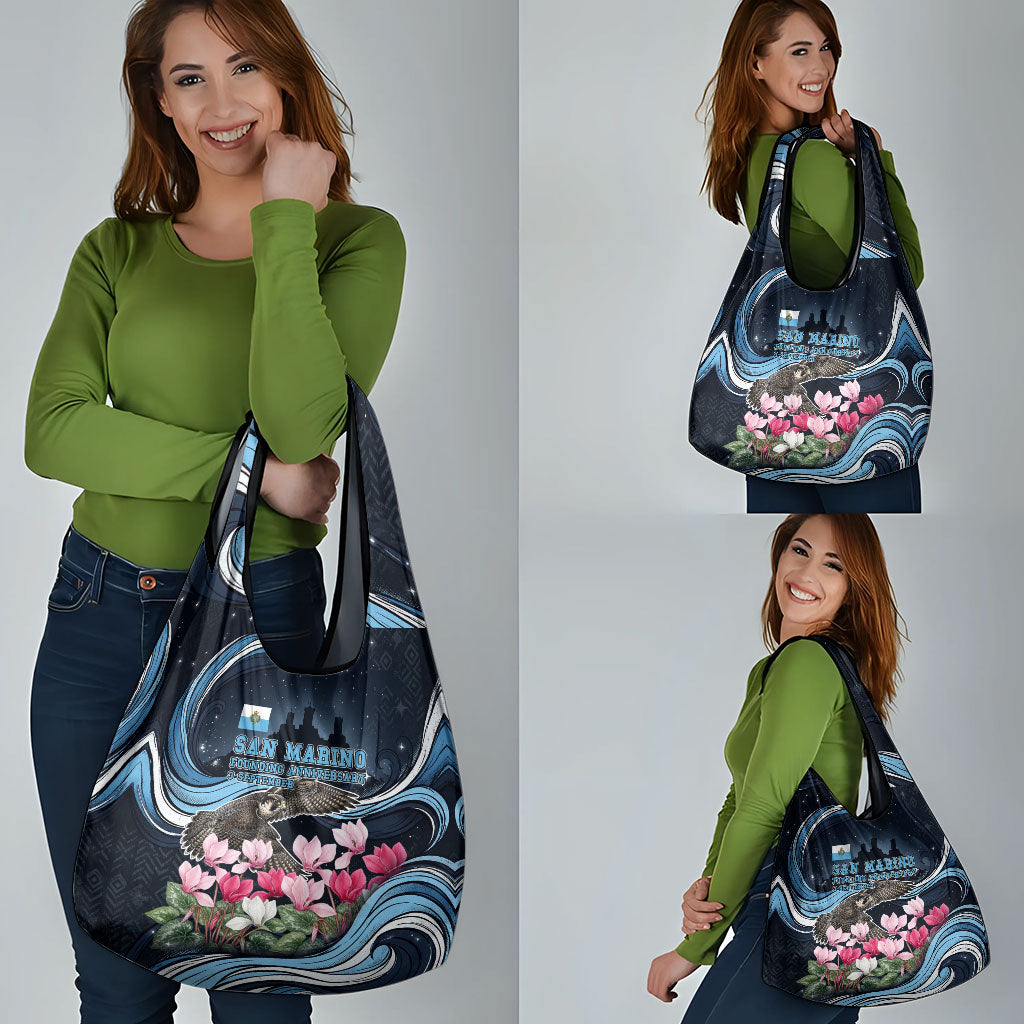 San Marino Founding Anniversary Grocery Bag Freedom Peregrine Falcon - Cyclamen Flowers Towers Flag