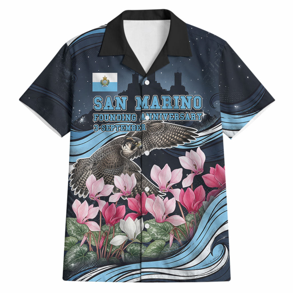 San Marino Founding Anniversary Hawaiian Shirt Freedom Peregrine Falcon - Cyclamen Flowers Towers Flag