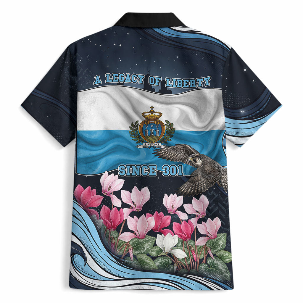 San Marino Founding Anniversary Hawaiian Shirt Freedom Peregrine Falcon - Cyclamen Flowers Towers Flag
