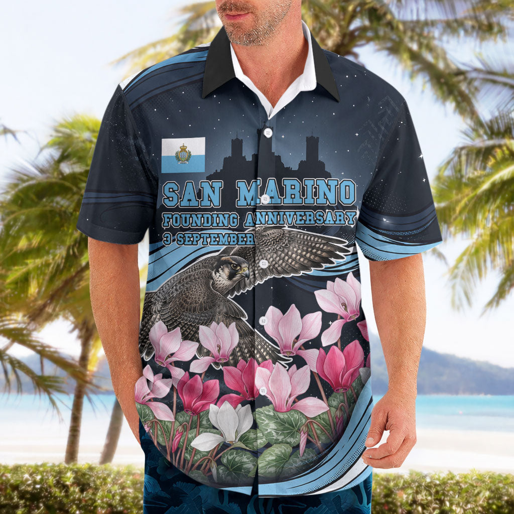 San Marino Founding Anniversary Hawaiian Shirt Freedom Peregrine Falcon - Cyclamen Flowers Towers Flag