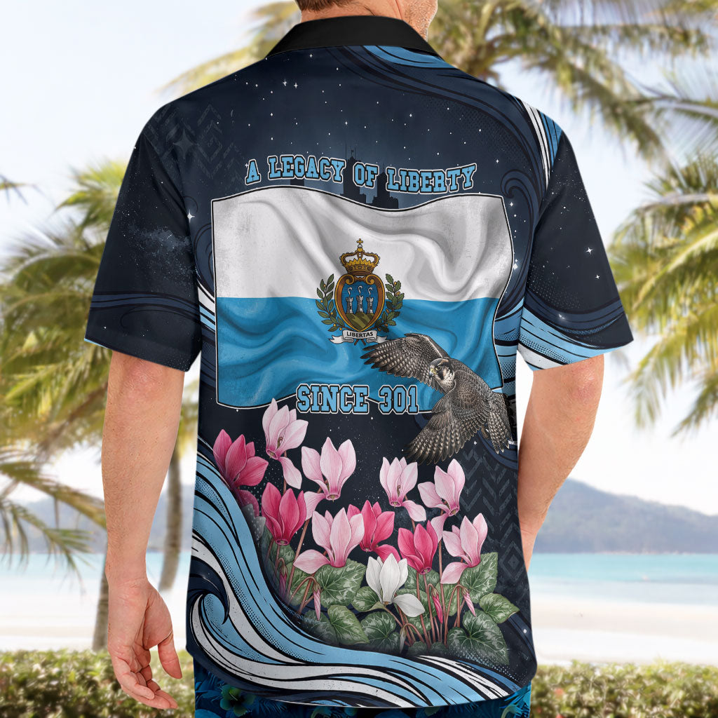 San Marino Founding Anniversary Hawaiian Shirt Freedom Peregrine Falcon - Cyclamen Flowers Towers Flag