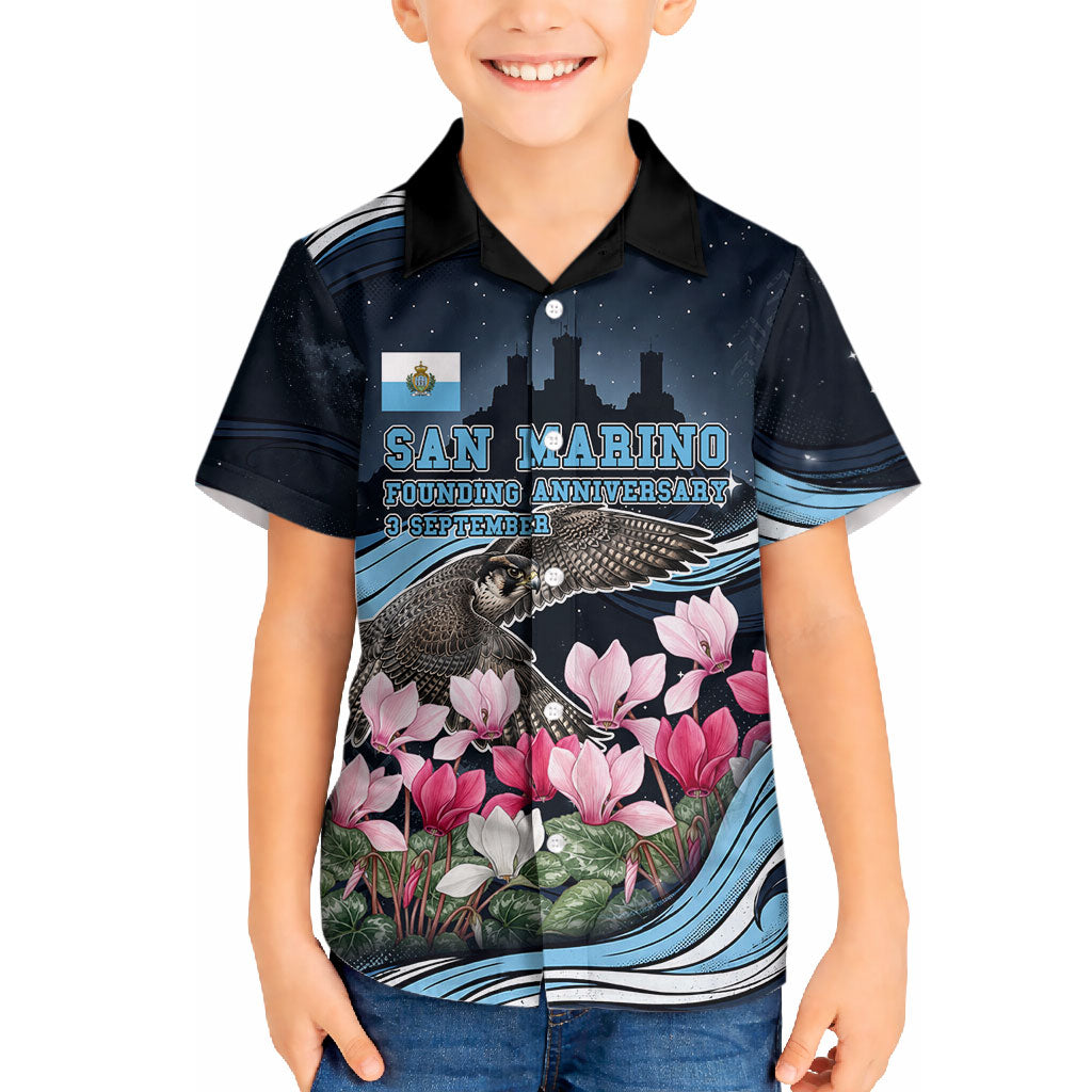 San Marino Founding Anniversary Hawaiian Shirt Freedom Peregrine Falcon - Cyclamen Flowers Towers Flag