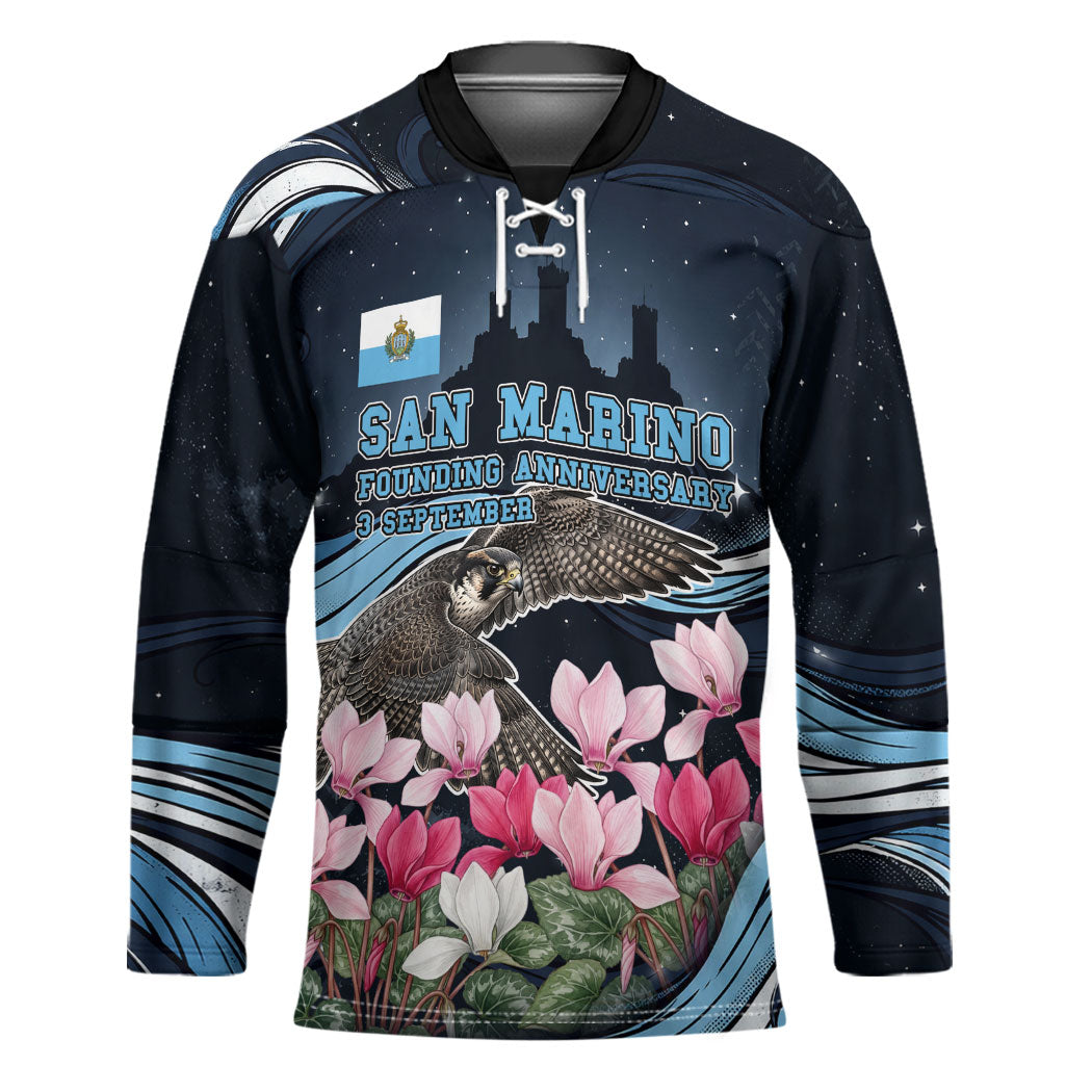 San Marino Founding Anniversary Hockey Jersey Freedom Peregrine Falcon - Cyclamen Flowers Towers Flag