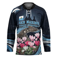 San Marino Founding Anniversary Hockey Jersey Freedom Peregrine Falcon - Cyclamen Flowers Towers Flag