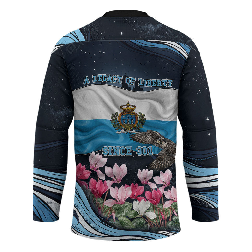 San Marino Founding Anniversary Hockey Jersey Freedom Peregrine Falcon - Cyclamen Flowers Towers Flag