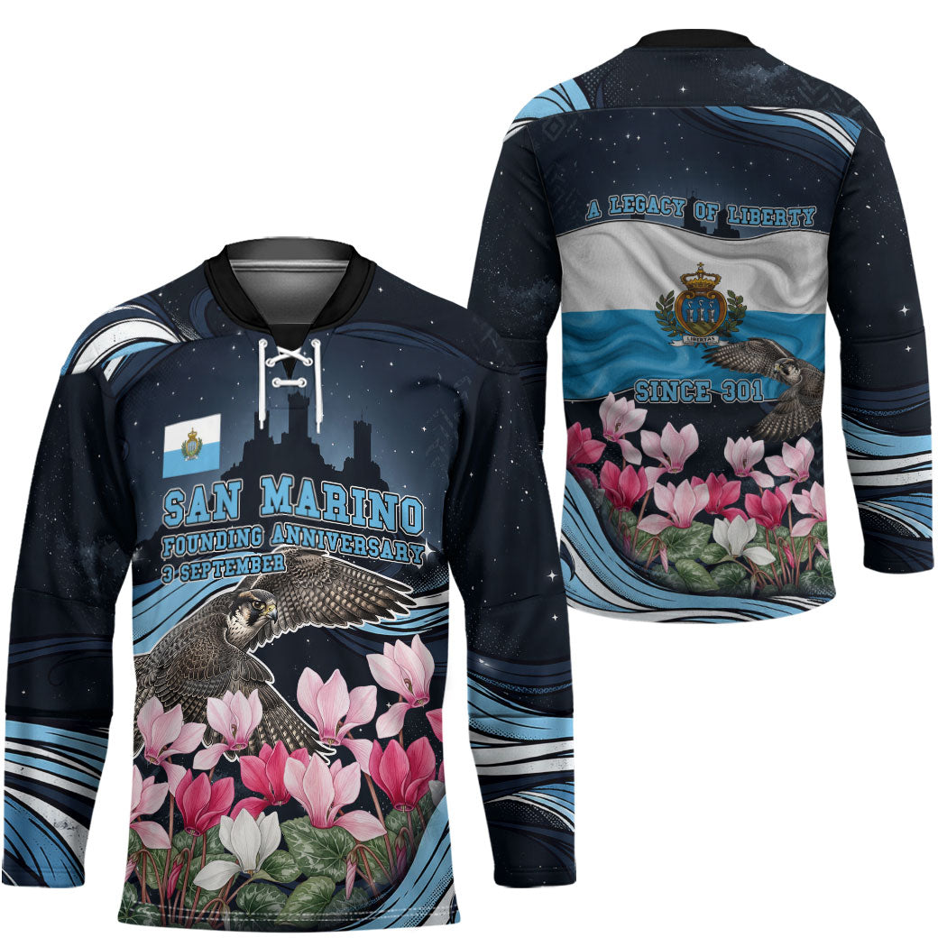 San Marino Founding Anniversary Hockey Jersey Freedom Peregrine Falcon - Cyclamen Flowers Towers Flag
