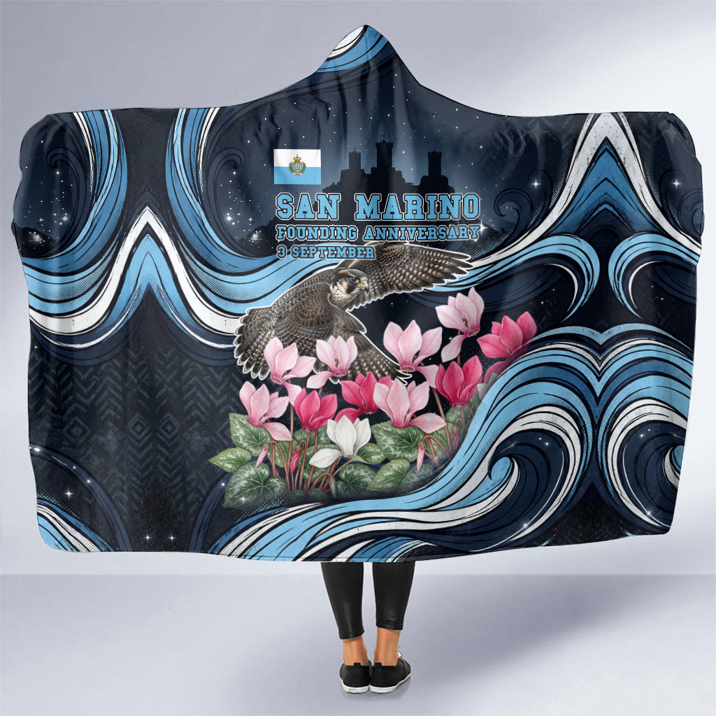 San Marino Founding Anniversary Hooded Blanket Freedom Peregrine Falcon - Cyclamen Flowers Towers Flag
