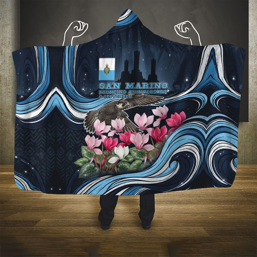 San Marino Founding Anniversary Hooded Blanket Freedom Peregrine Falcon - Cyclamen Flowers Towers Flag
