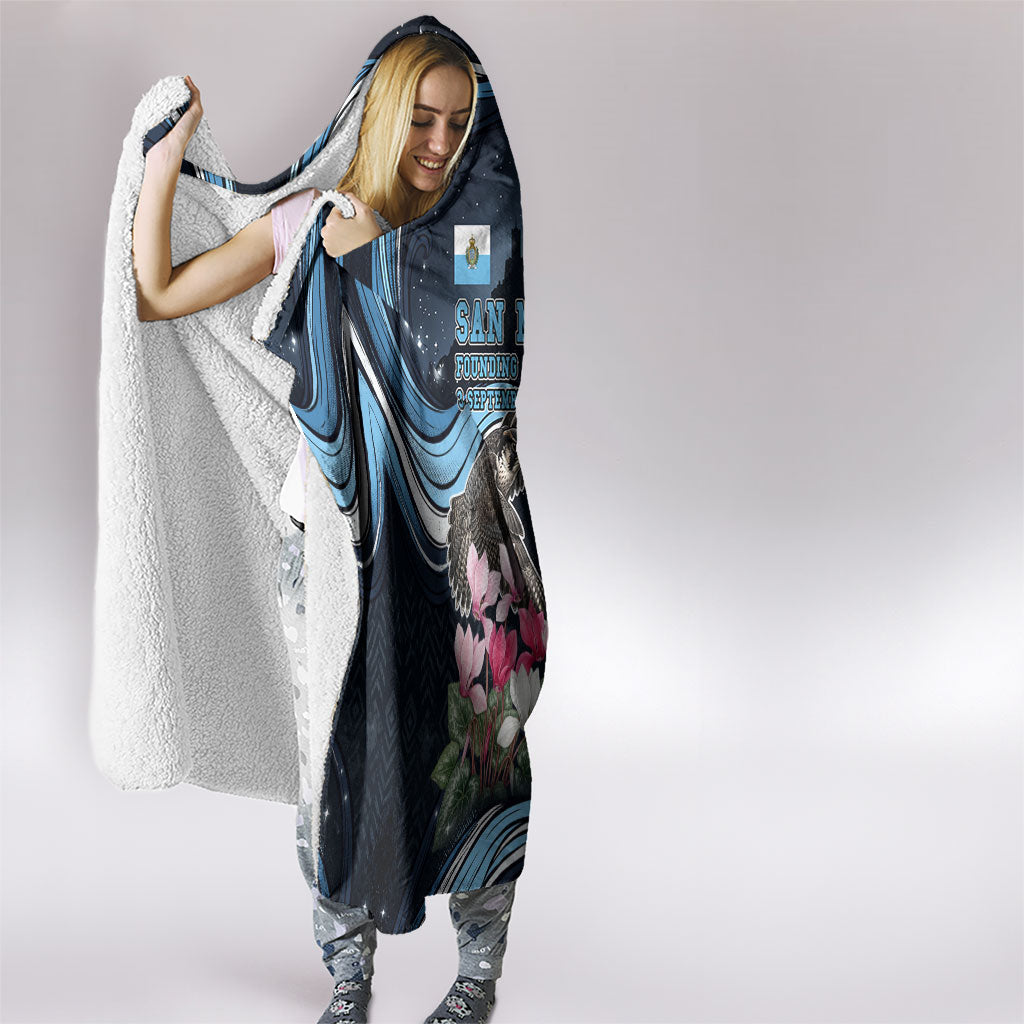 San Marino Founding Anniversary Hooded Blanket Freedom Peregrine Falcon - Cyclamen Flowers Towers Flag