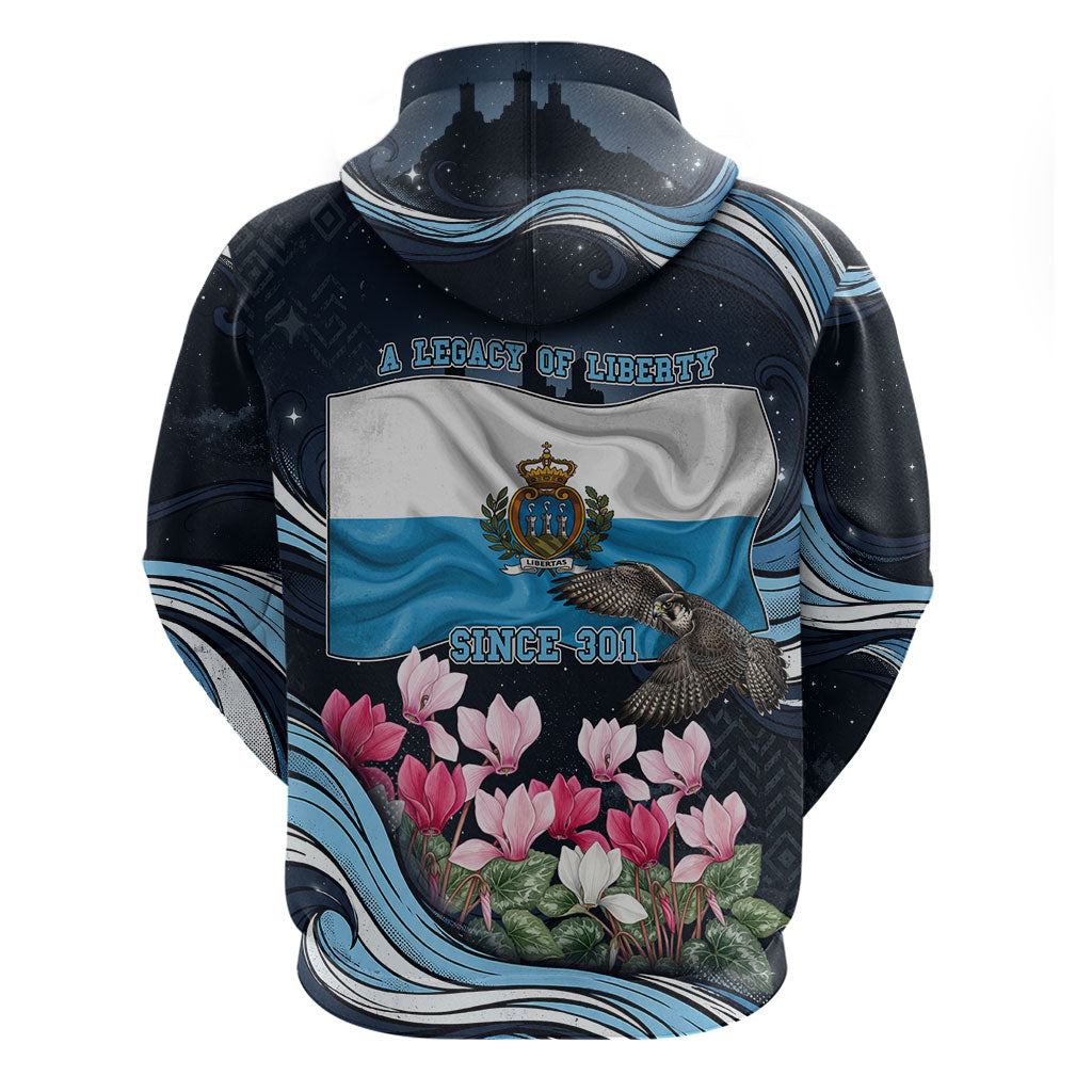San Marino Founding Anniversary Hoodie Freedom Peregrine Falcon - Cyclamen Flowers Towers Flag