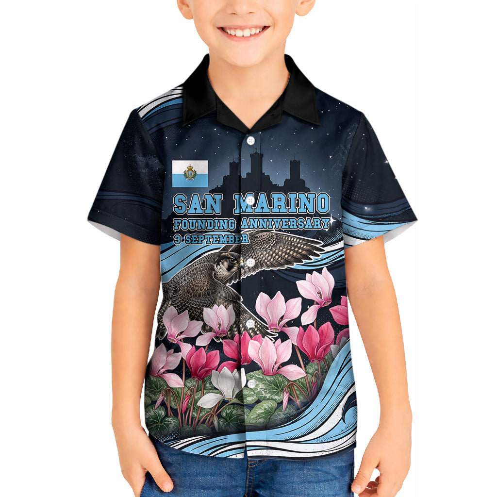 San Marino Founding Anniversary Kid Hawaiian Shirt Freedom Peregrine Falcon - Cyclamen Flowers Towers Flag