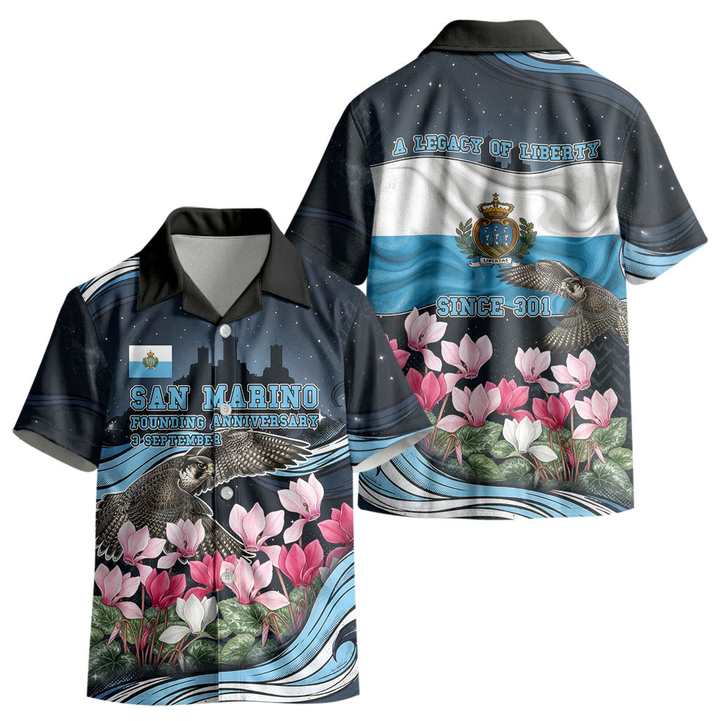 San Marino Founding Anniversary Kid Hawaiian Shirt Freedom Peregrine Falcon - Cyclamen Flowers Towers Flag