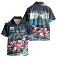 San Marino Founding Anniversary Kid Hawaiian Shirt Freedom Peregrine Falcon - Cyclamen Flowers Towers Flag