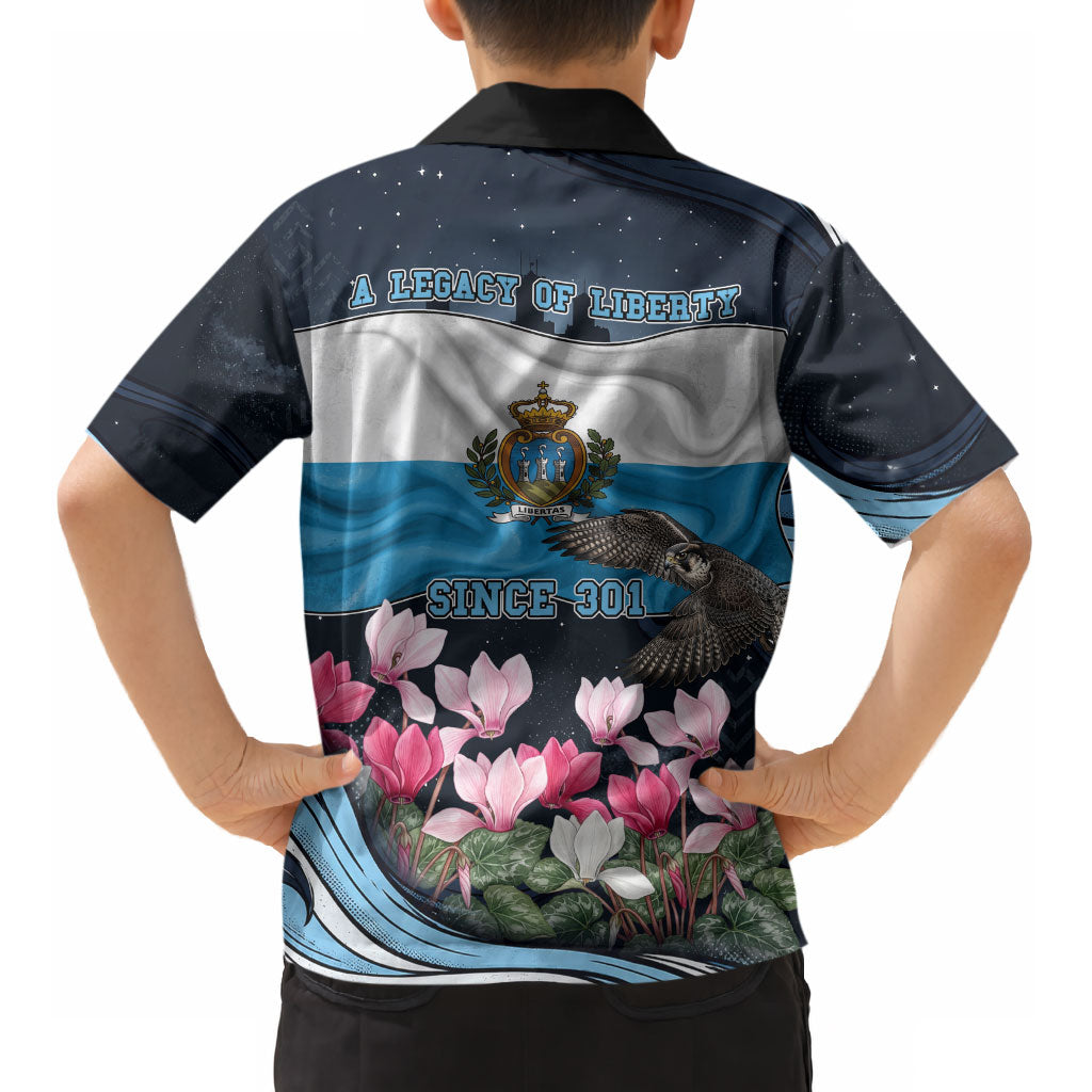 San Marino Founding Anniversary Kid Hawaiian Shirt Freedom Peregrine Falcon - Cyclamen Flowers Towers Flag