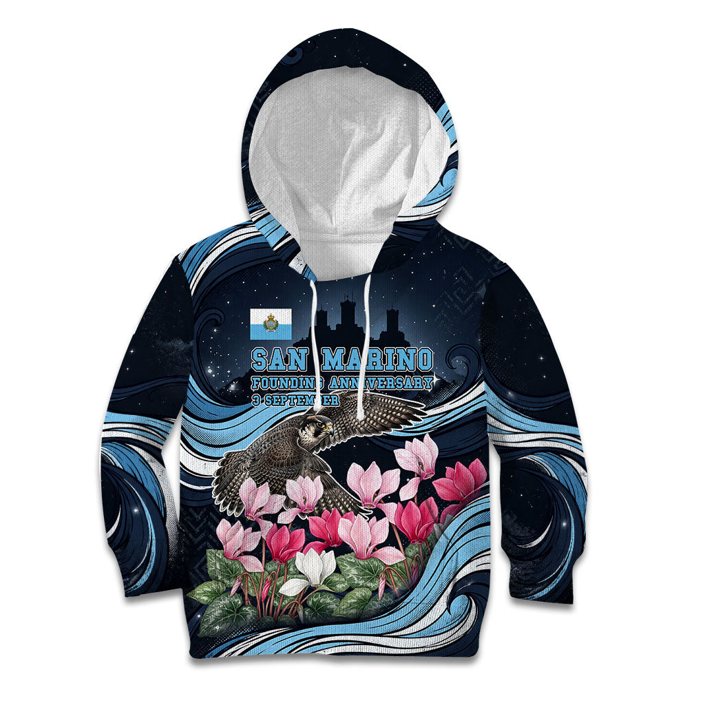 San Marino Founding Anniversary Kid Hoodie Freedom Peregrine Falcon - Cyclamen Flowers Towers Flag