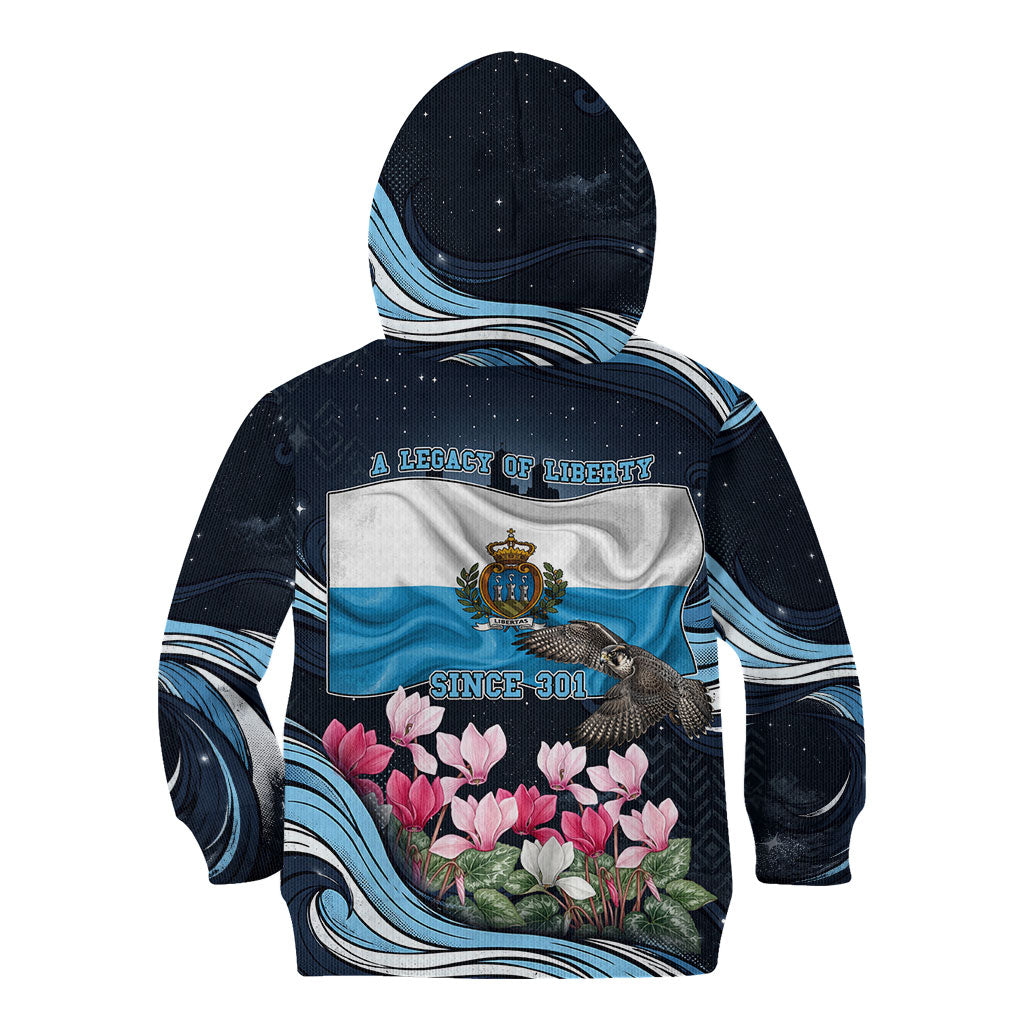 San Marino Founding Anniversary Kid Hoodie Freedom Peregrine Falcon - Cyclamen Flowers Towers Flag