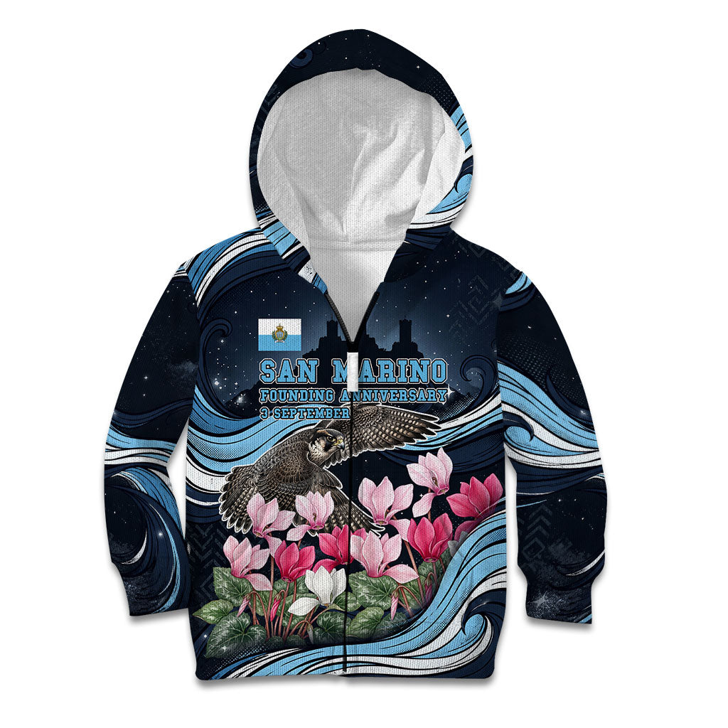 San Marino Founding Anniversary Kid Hoodie Freedom Peregrine Falcon - Cyclamen Flowers Towers Flag