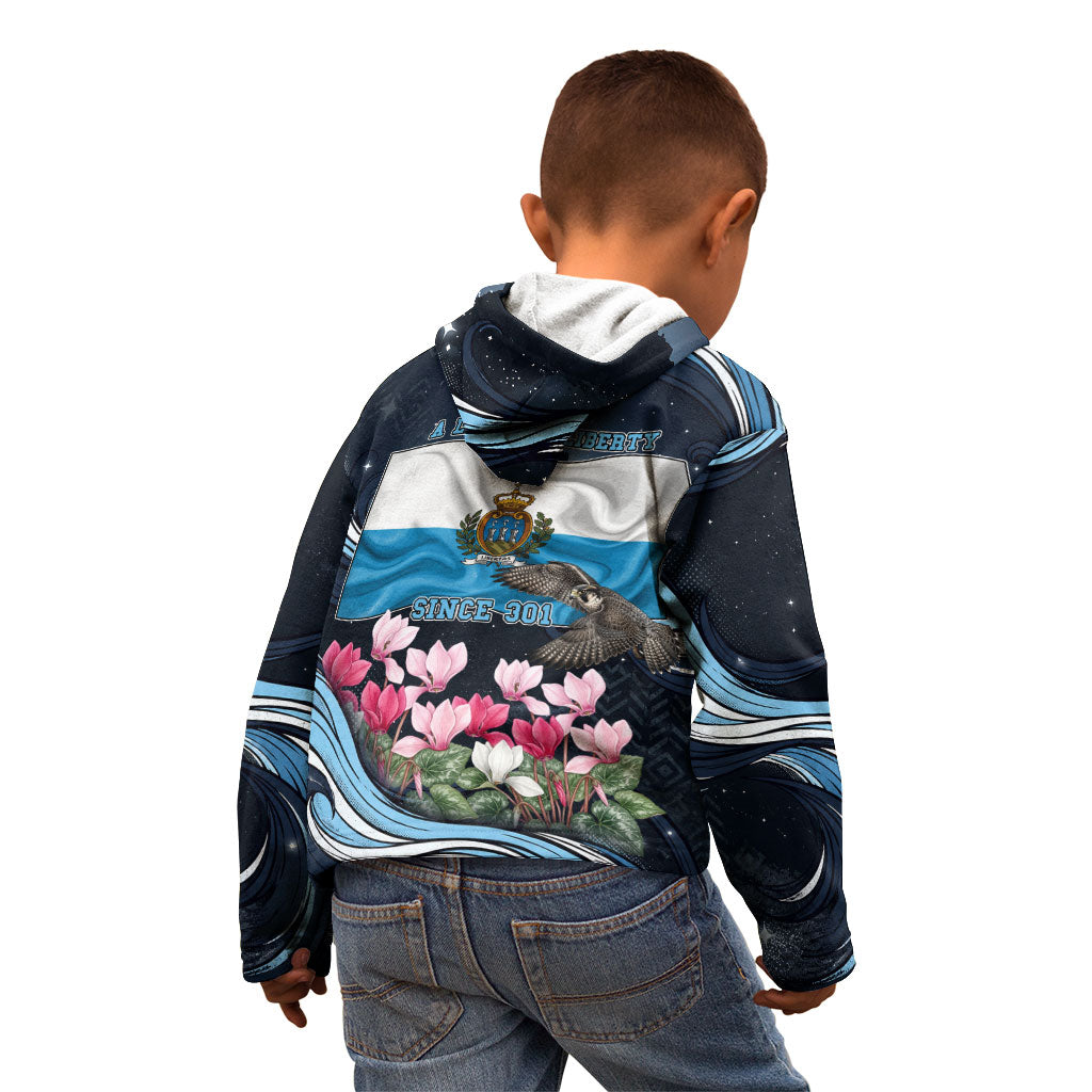 San Marino Founding Anniversary Kid Hoodie Freedom Peregrine Falcon - Cyclamen Flowers Towers Flag